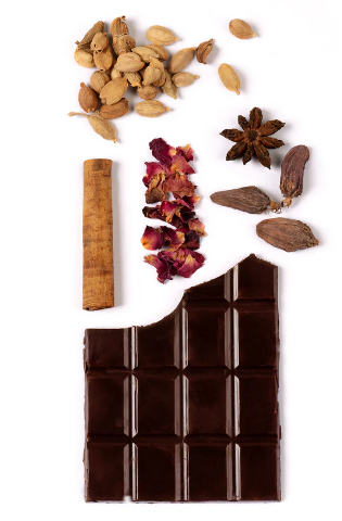 Chocolate with cinnamon, rose, & nuts